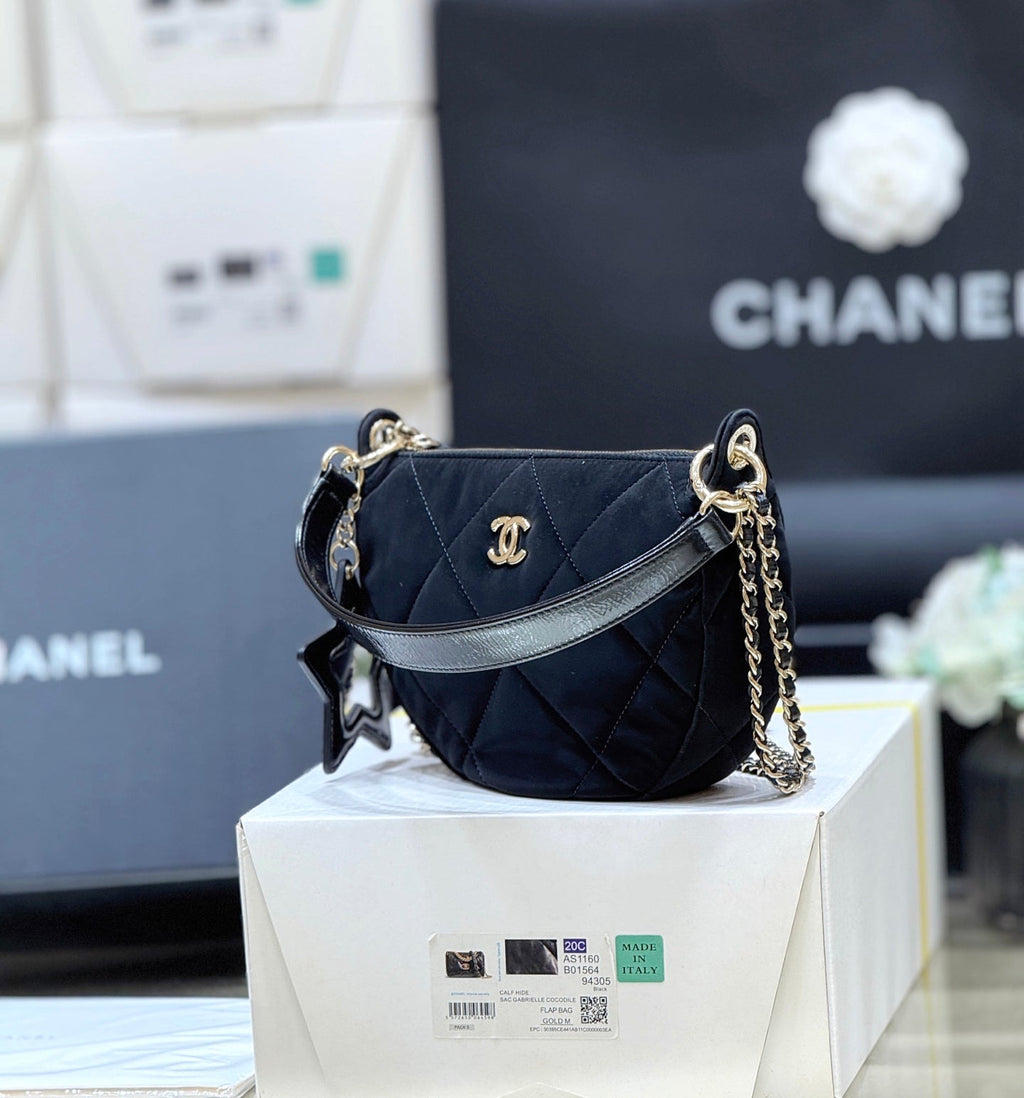 Ch*nel 2025 Clutch With Chain Black Gold Velvet Leather