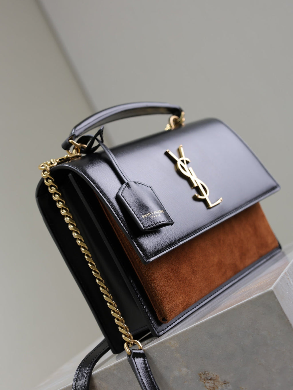 Y*S*L Sunset Handbags 25cm Black Brown Cowhide Suede