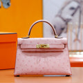 H*M Mini Kelly 19cm Pink Ostrich Gold Hardware