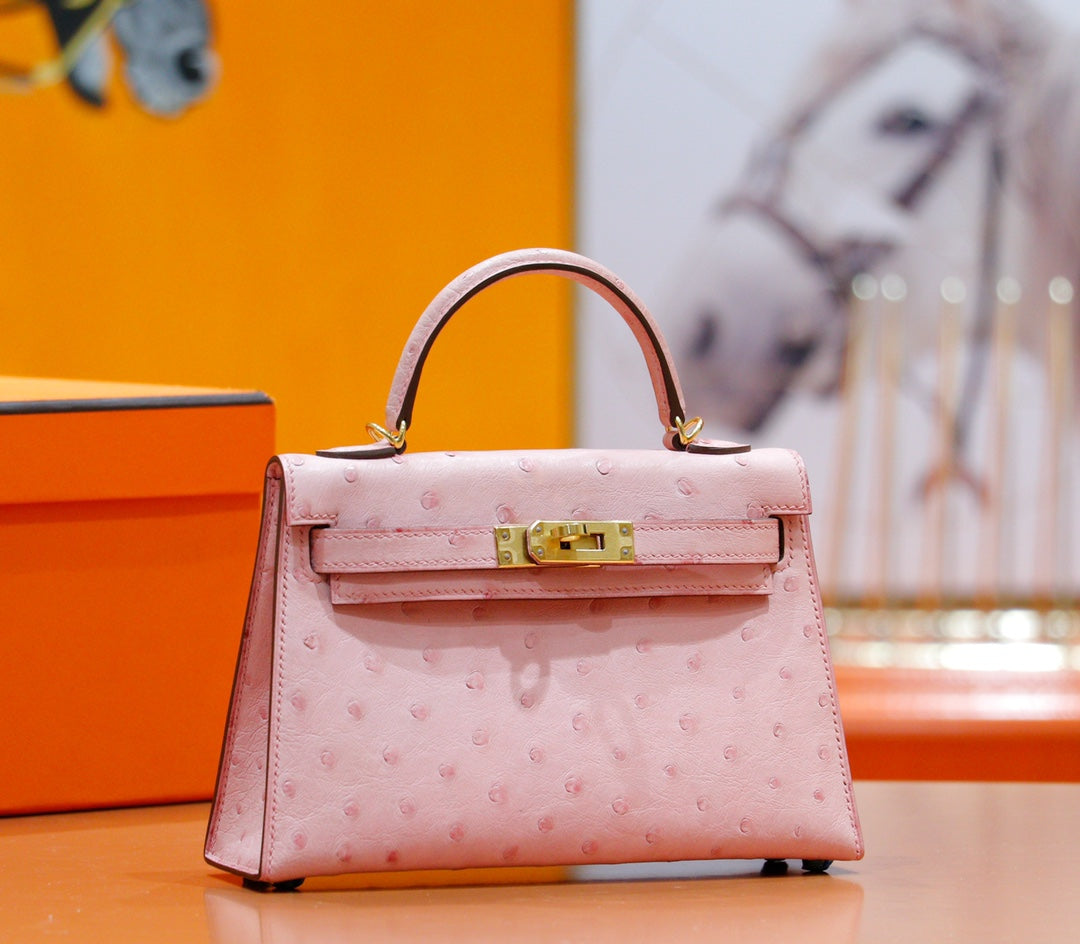 H*M Mini Kelly 19cm Pink Ostrich Gold Hardware