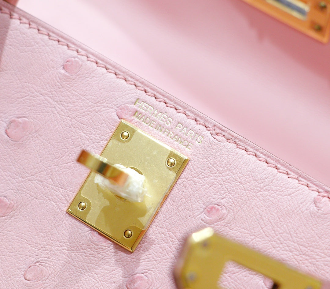 H*M Mini Kelly 19cm Pink Ostrich Gold Hardware