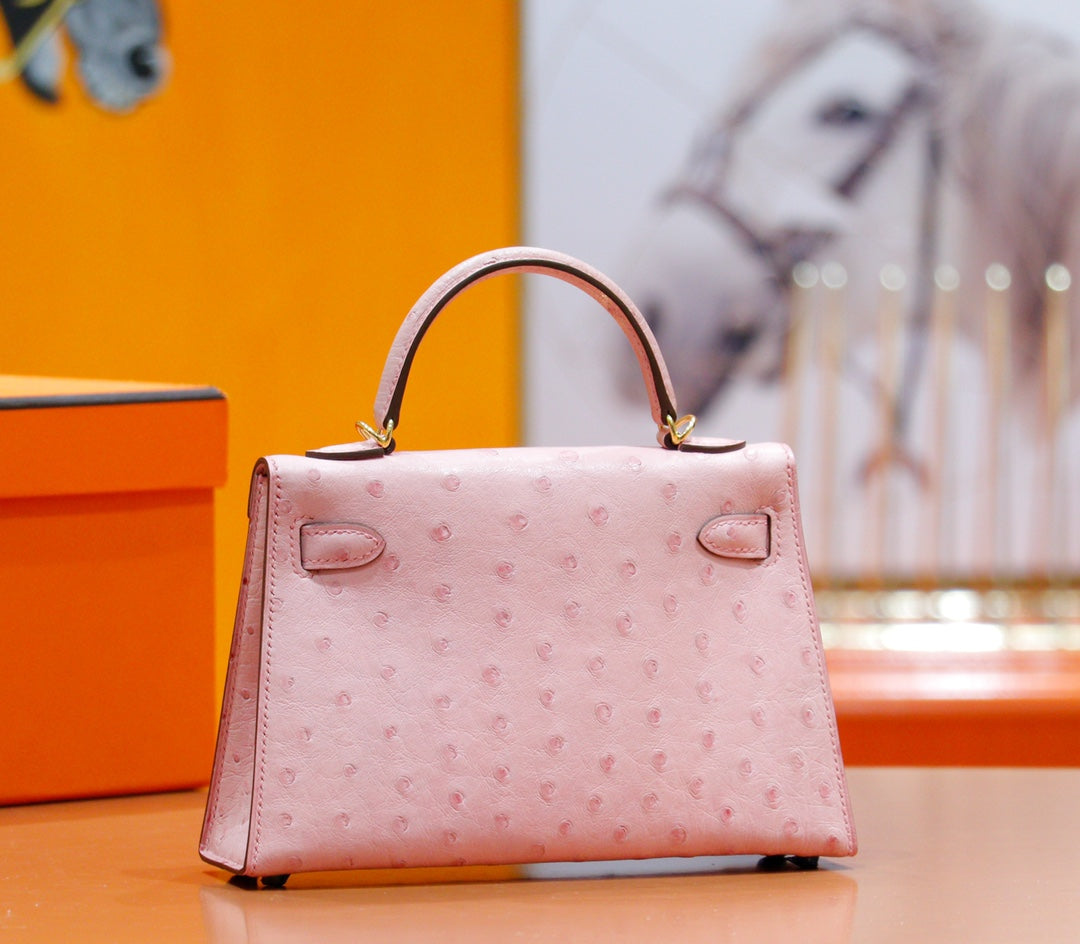 H*M Mini Kelly 19cm Pink Ostrich Gold Hardware