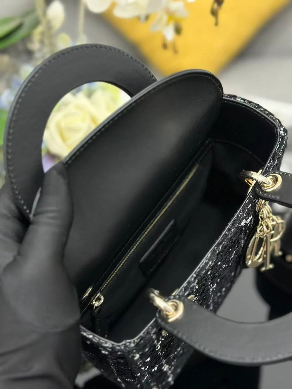 D*or 2026 Lady D*or Bag 20cm Black Gold Tweed Leather