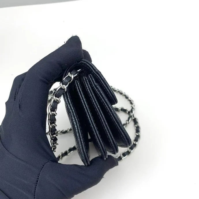 Ch*nel 2026 Quilted Flap Card Holder with Chain Black Caviar Leather
