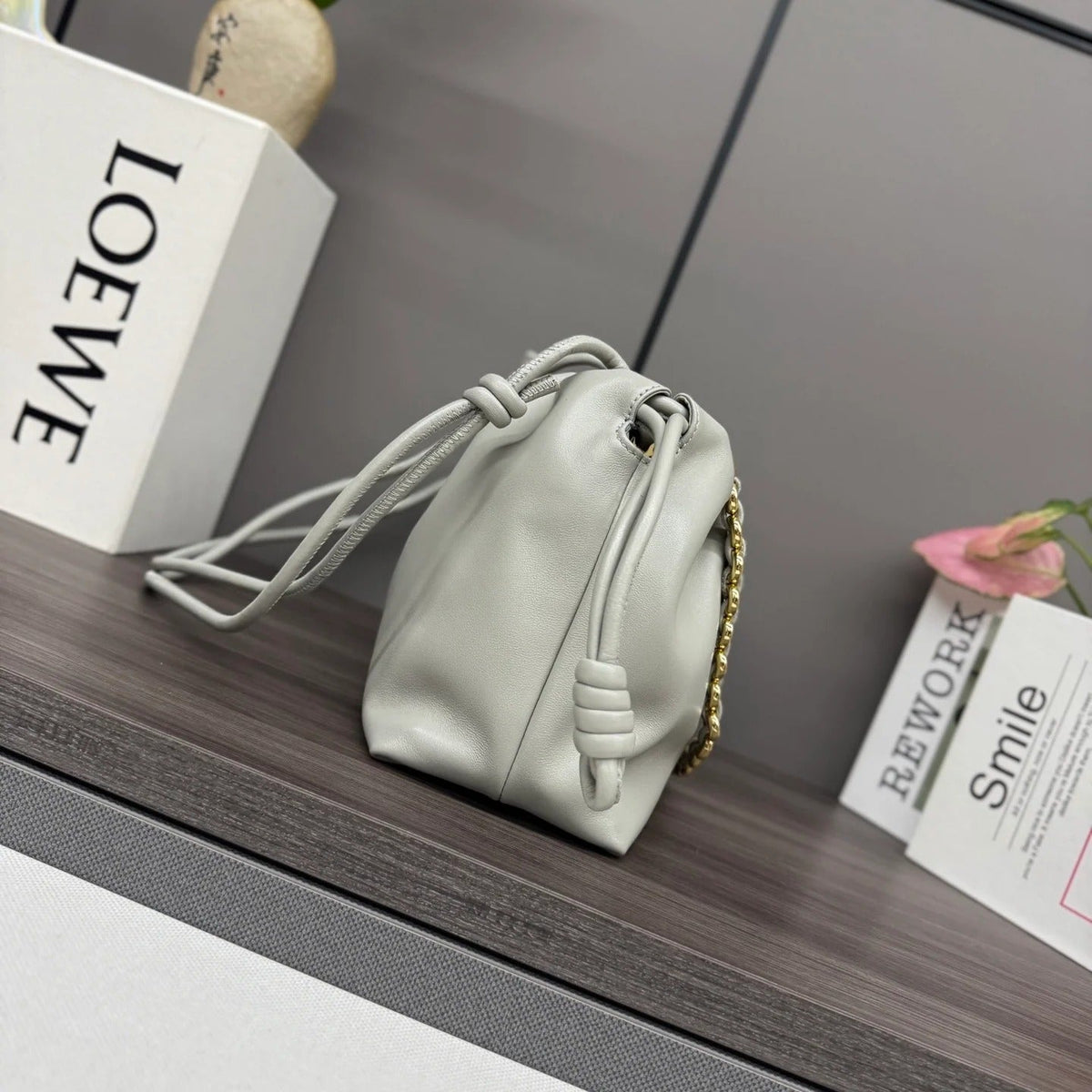 L*ewe 2026 Flamenco Purse Goodie Bag 30cm Ivory Soft Nappa Sheep Leather