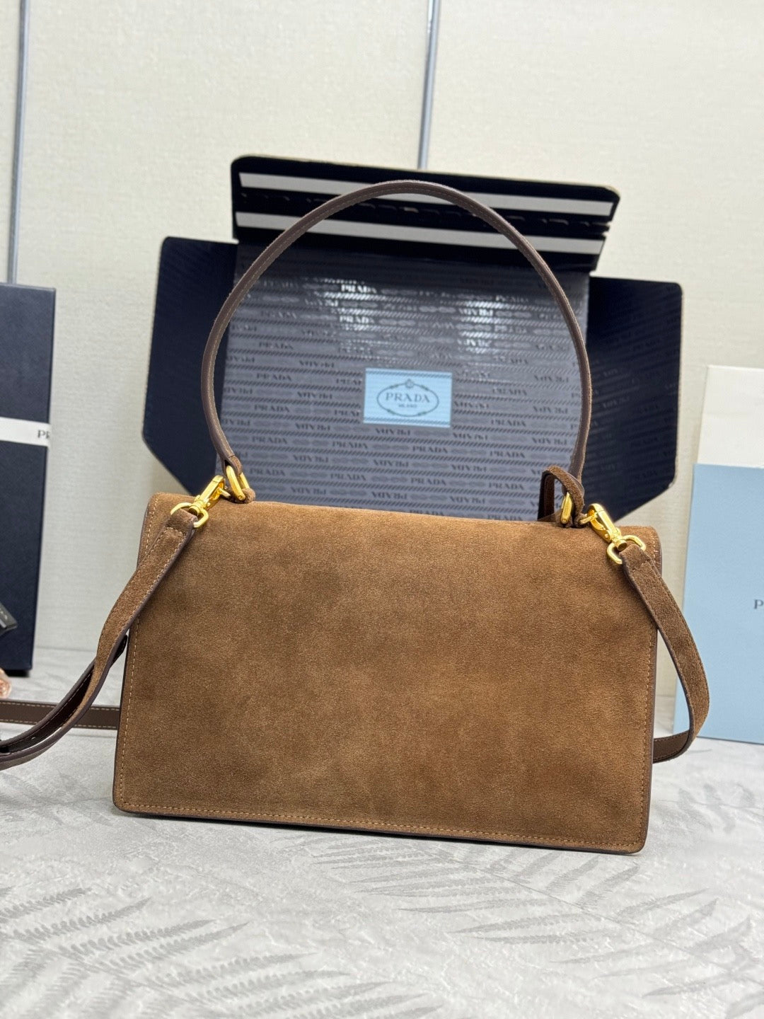 Pr*da 2026 Soft Sound Bag 28cm Brown Suede Leather