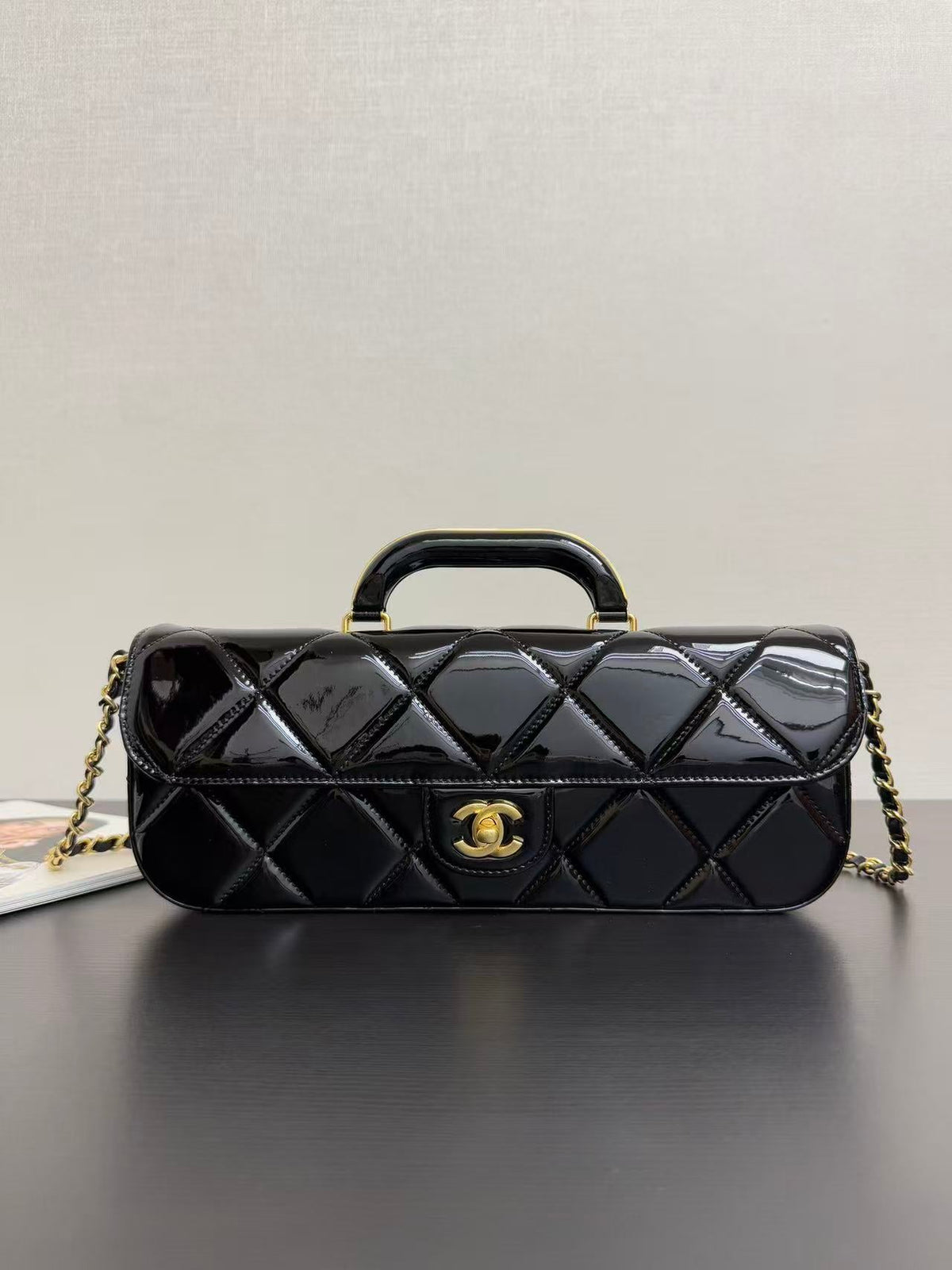 Ch*nel Flap Bag Top Handle Metallic Mirror Calfskin Gold Tone Metal