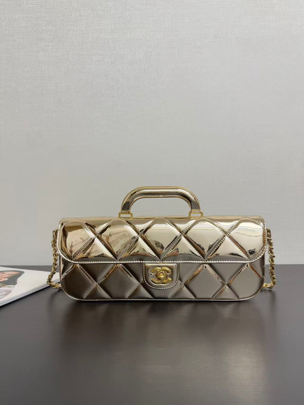Ch*nel Flap Bag Top Handle Metallic Mirror Calfskin Gold Tone Metal