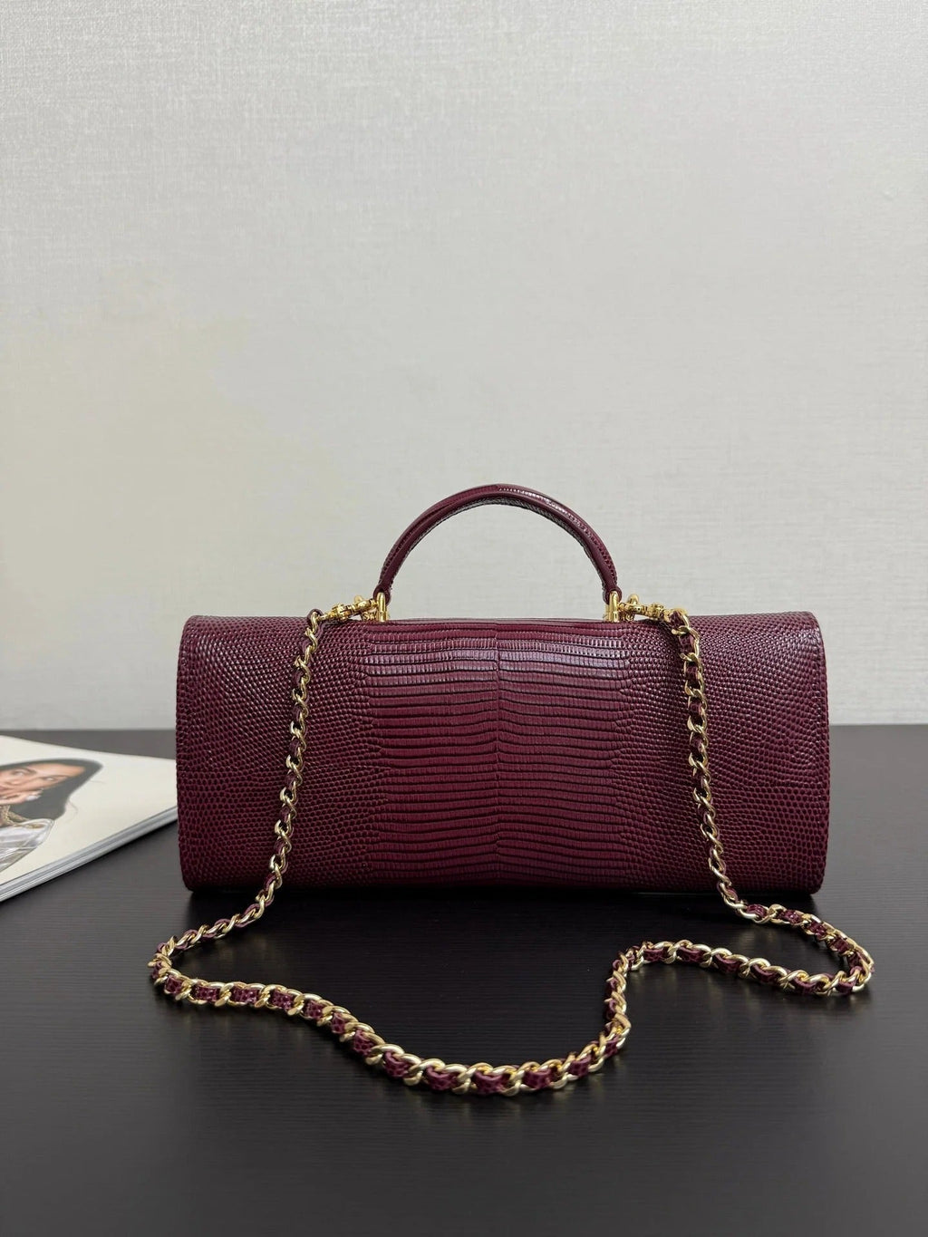C*C 2026 Clutch With Chain 25cm Burgundy Lizard-embossed Calfskin