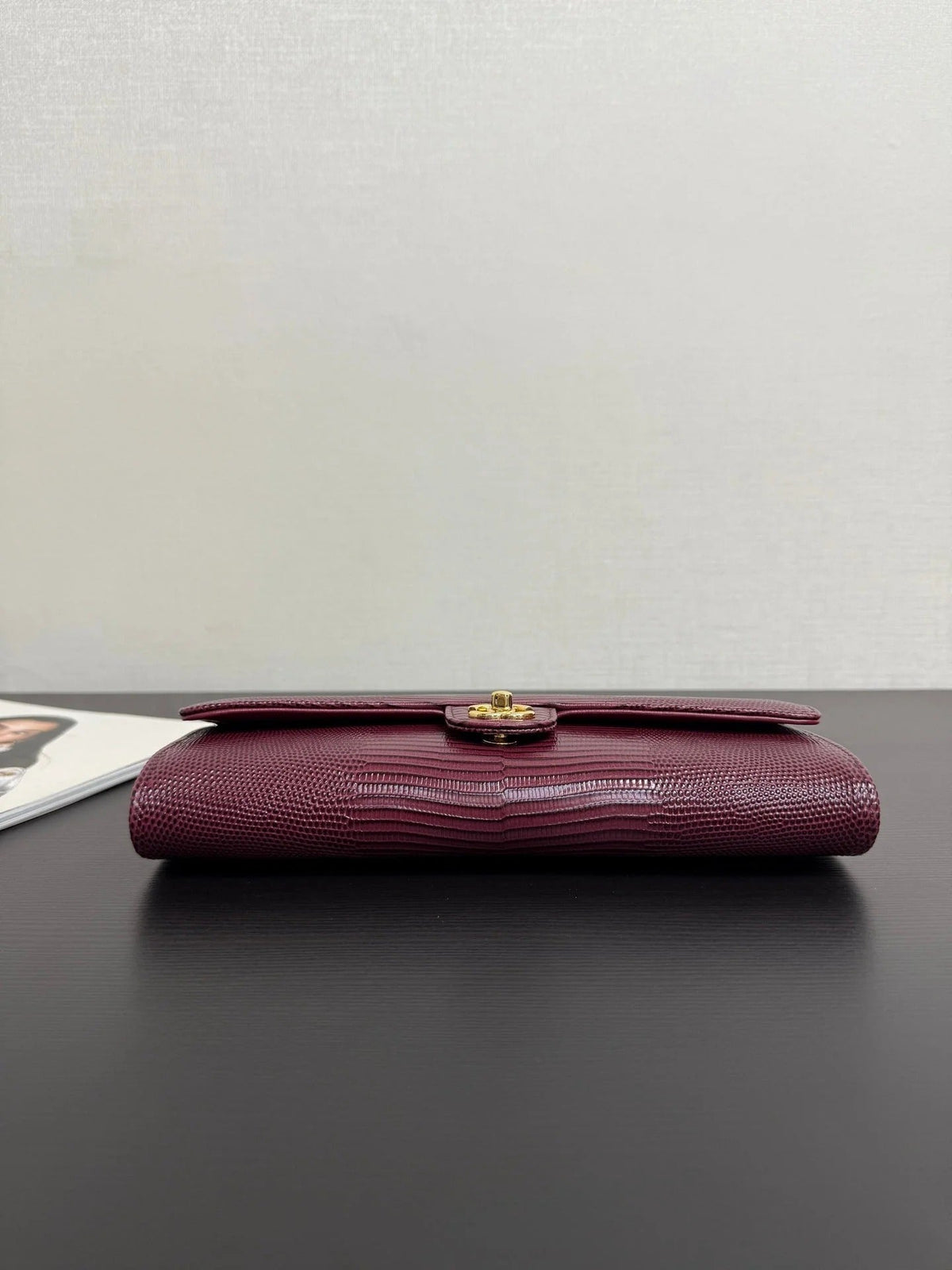 C*C 2026 Clutch With Chain 25cm Burgundy Lizard-embossed Calfskin