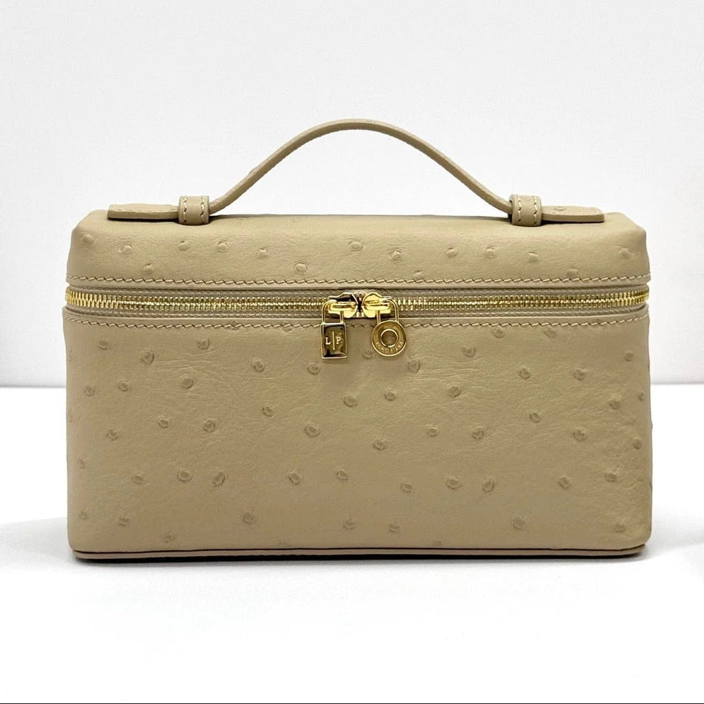 L*P Extra Bag 19cm Ostrich Pattern Beige Gold Buckle Calfskin