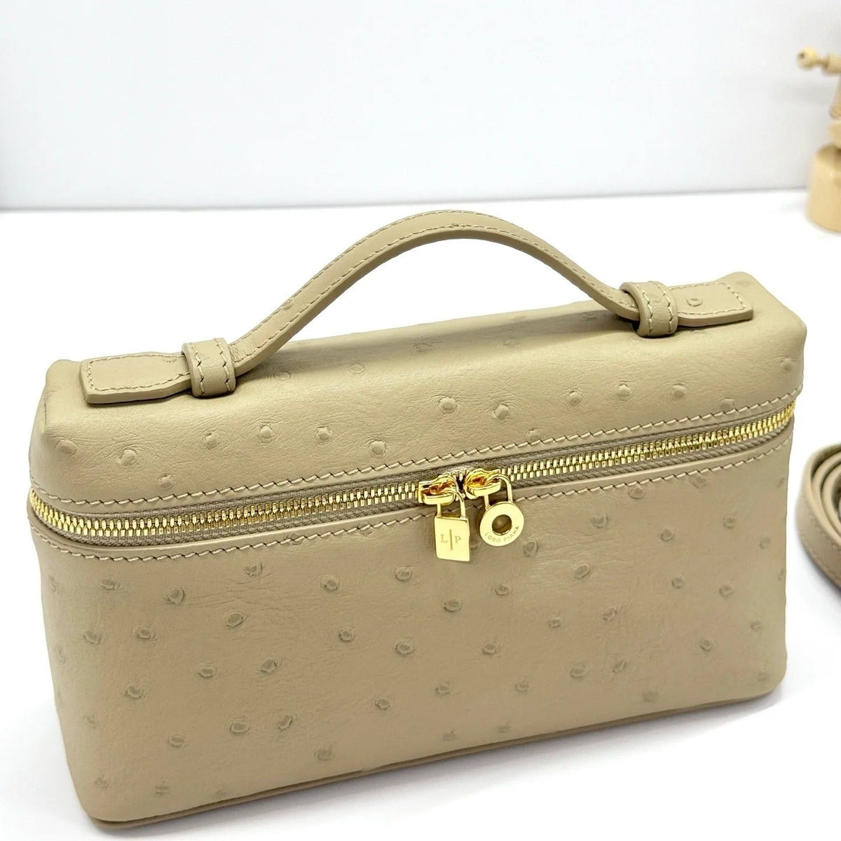 L*P Extra Bag 19cm Ostrich Pattern Beige Gold Buckle Calfskin