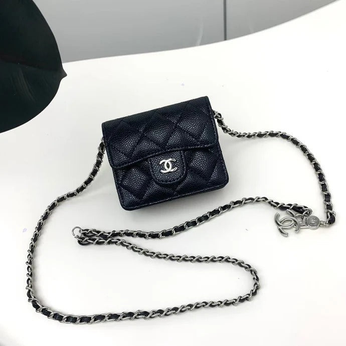 Ch*nel 2026 Quilted Flap Card Holder with Chain Black Caviar Leather