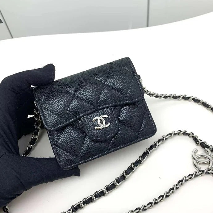 Ch*nel 2026 Quilted Flap Card Holder with Chain Black Caviar Leather