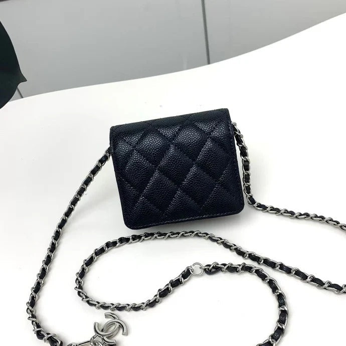 Ch*nel 2026 Quilted Flap Card Holder with Chain Black Caviar Leather