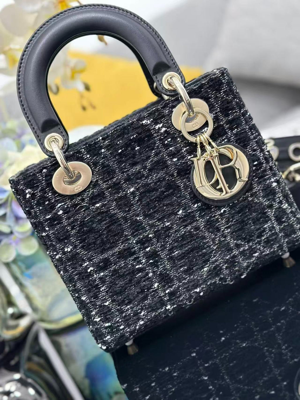 D*or 2026 Lady D*or Bag 20cm Black Gold Tweed Leather