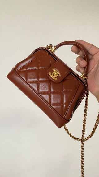 C*C Mini Top Handle 18cm Red Leather Gold Hardware