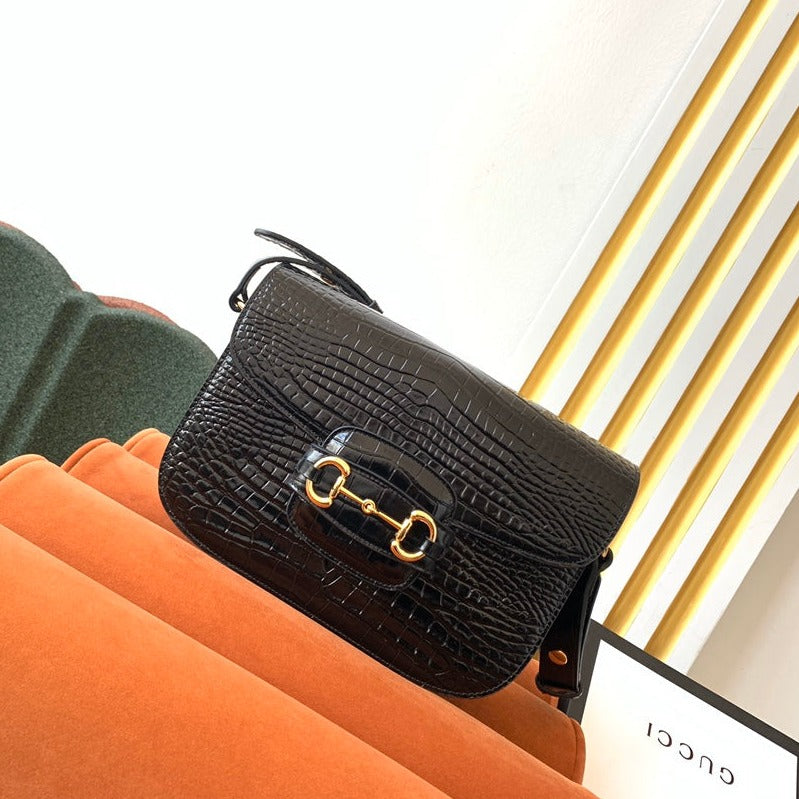 G*G 1955 Horsebit Bag 25cm Black Crocodile Leather Gold Hardware