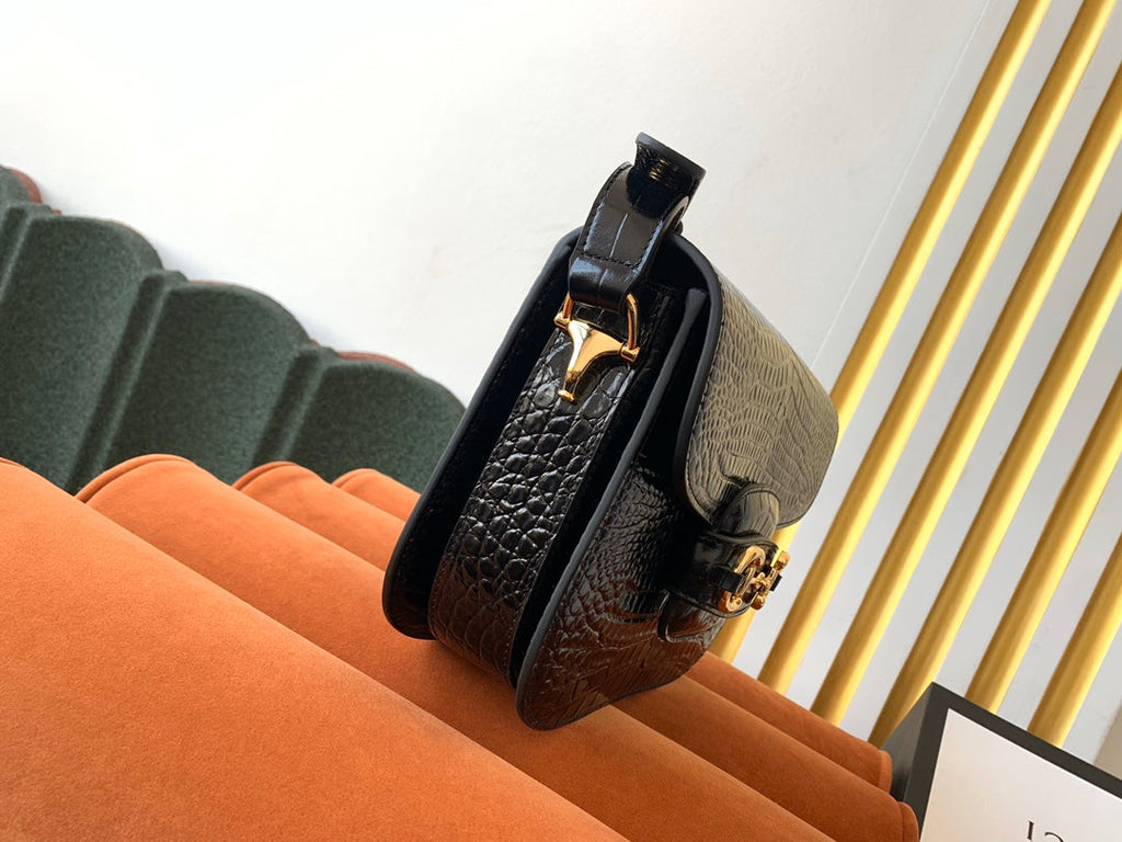 G*G 1955 Horsebit Bag 25cm Black Crocodile Leather Gold Hardware