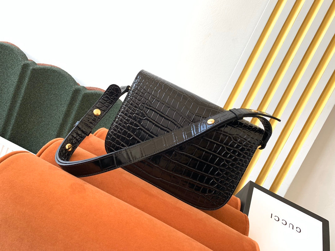 G*G 1955 Horsebit Bag 25cm Black Crocodile Leather Gold Hardware