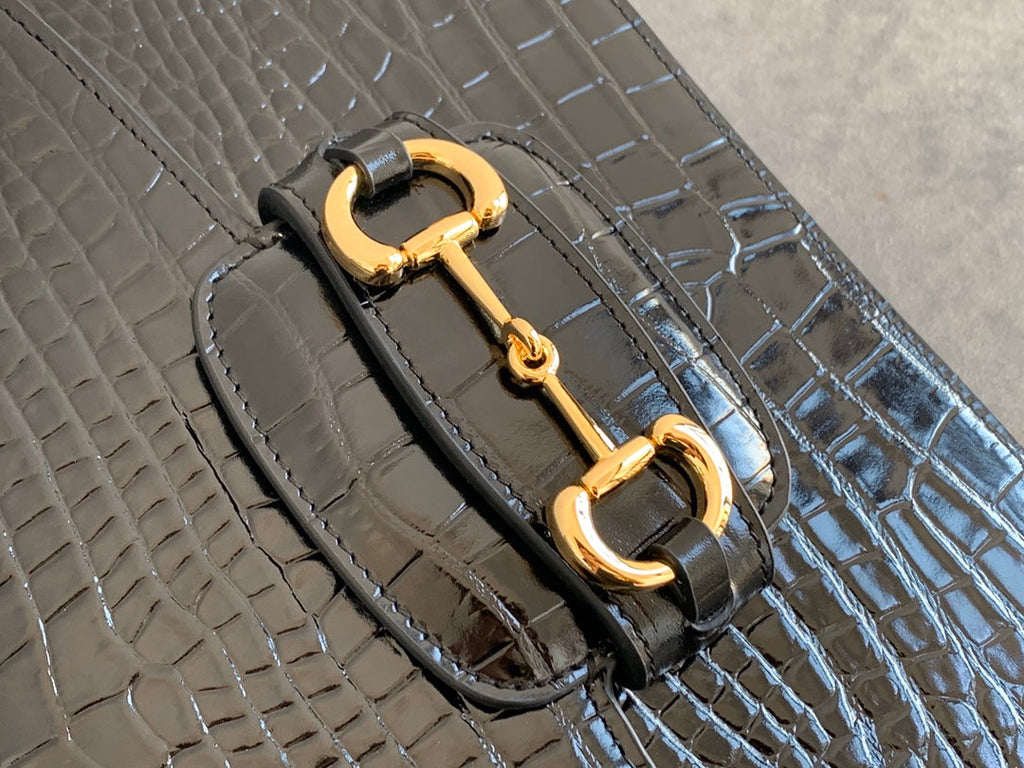 G*G 1955 Horsebit Bag 25cm Black Crocodile Leather Gold Hardware