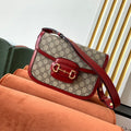 G*G 1955 Horsebit Bag 25cm Red Leather Beige Canvas Gold Hardware