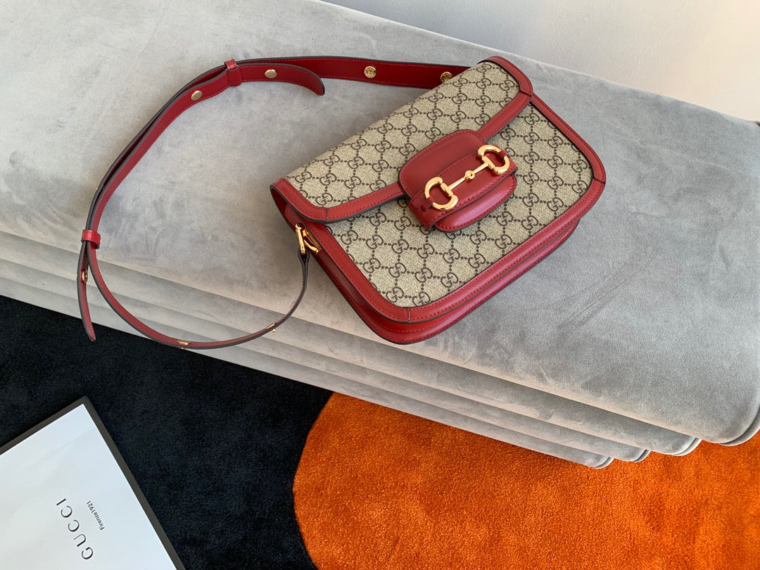 G*G 1955 Horsebit Bag 25cm Red Leather Beige Canvas Gold Hardware