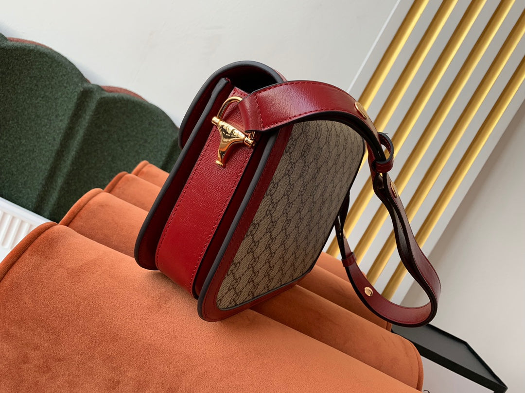 G*G 1955 Horsebit Bag 25cm Red Leather Beige Canvas Gold Hardware