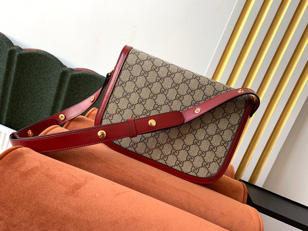 G*G 1955 Horsebit Bag 25cm Red Leather Beige Canvas Gold Hardware