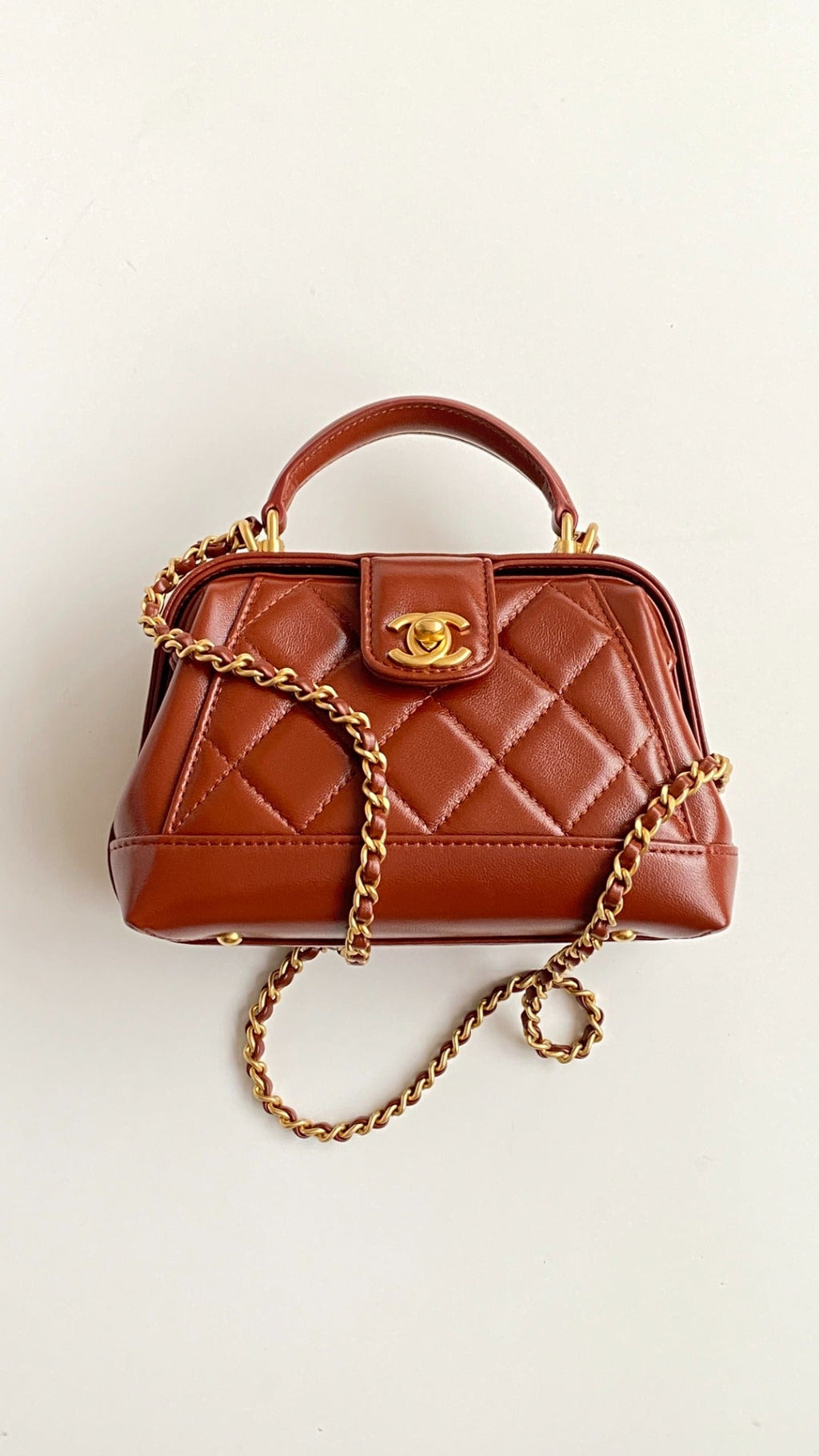 C*C Mini Top Handle 18cm Red Leather Gold Hardware