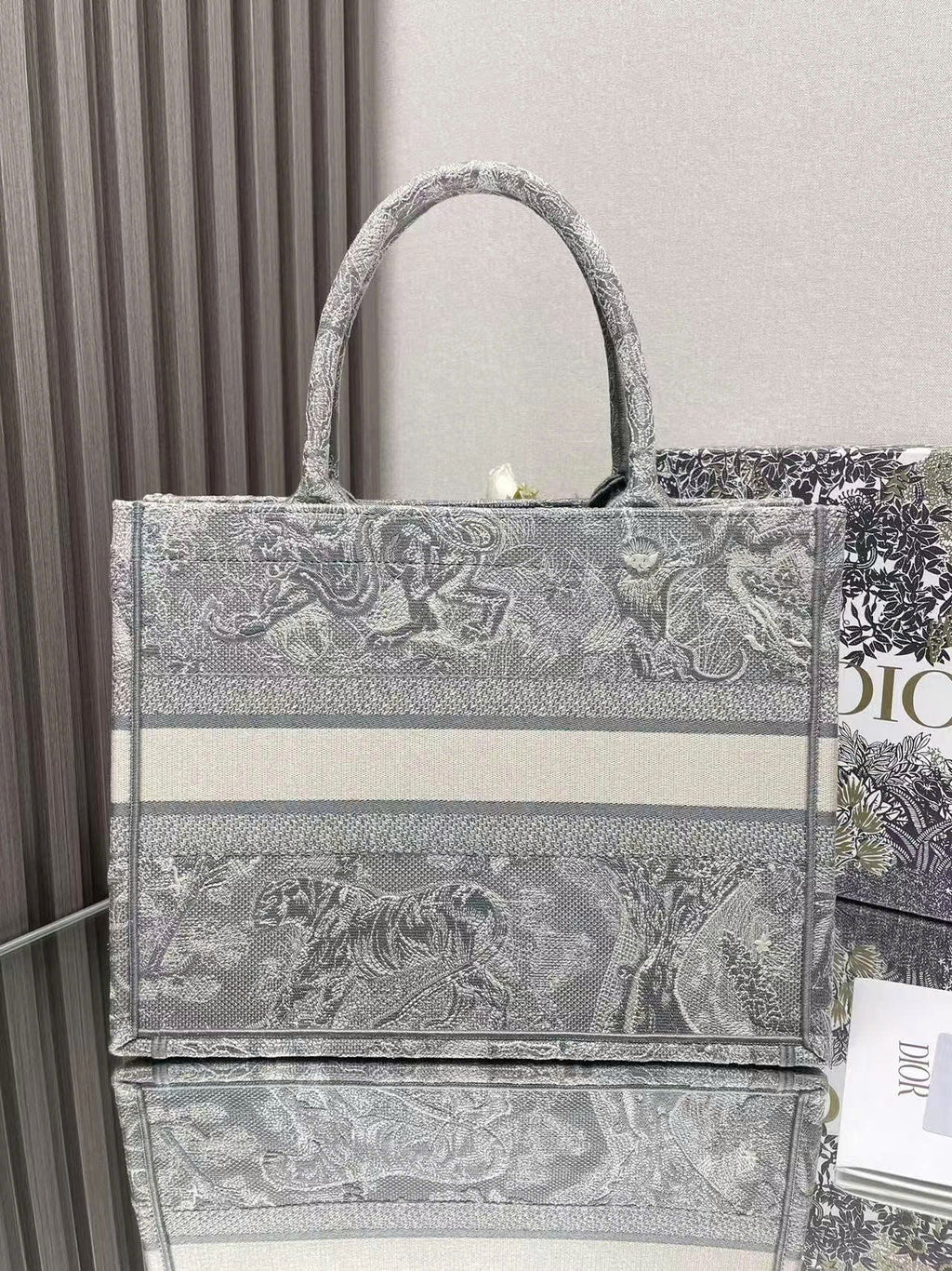 Medium C*D Book Tote 36cm Silver Gray Embroidered Tiger