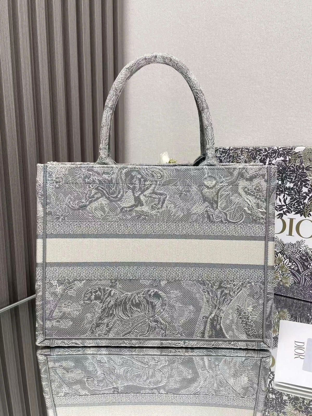 Medium C*D Book Tote 36cm Silver Gray Embroidered Tiger
