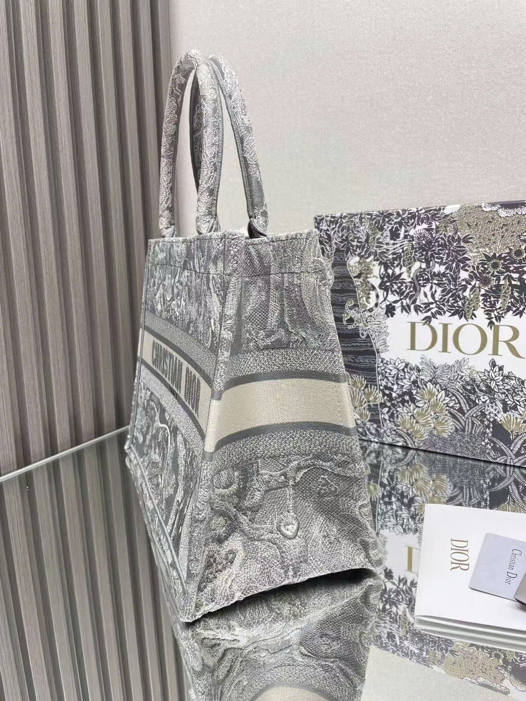 Medium C*D Book Tote 36cm Silver Gray Embroidered Tiger
