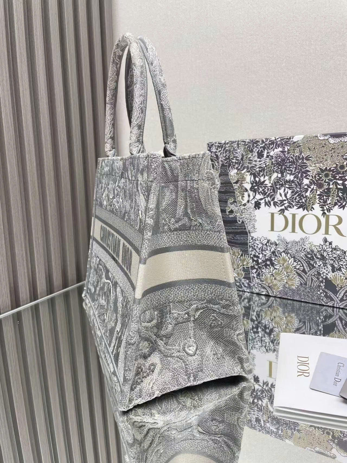 Medium C*D Book Tote 36cm Silver Gray Embroidered Tiger