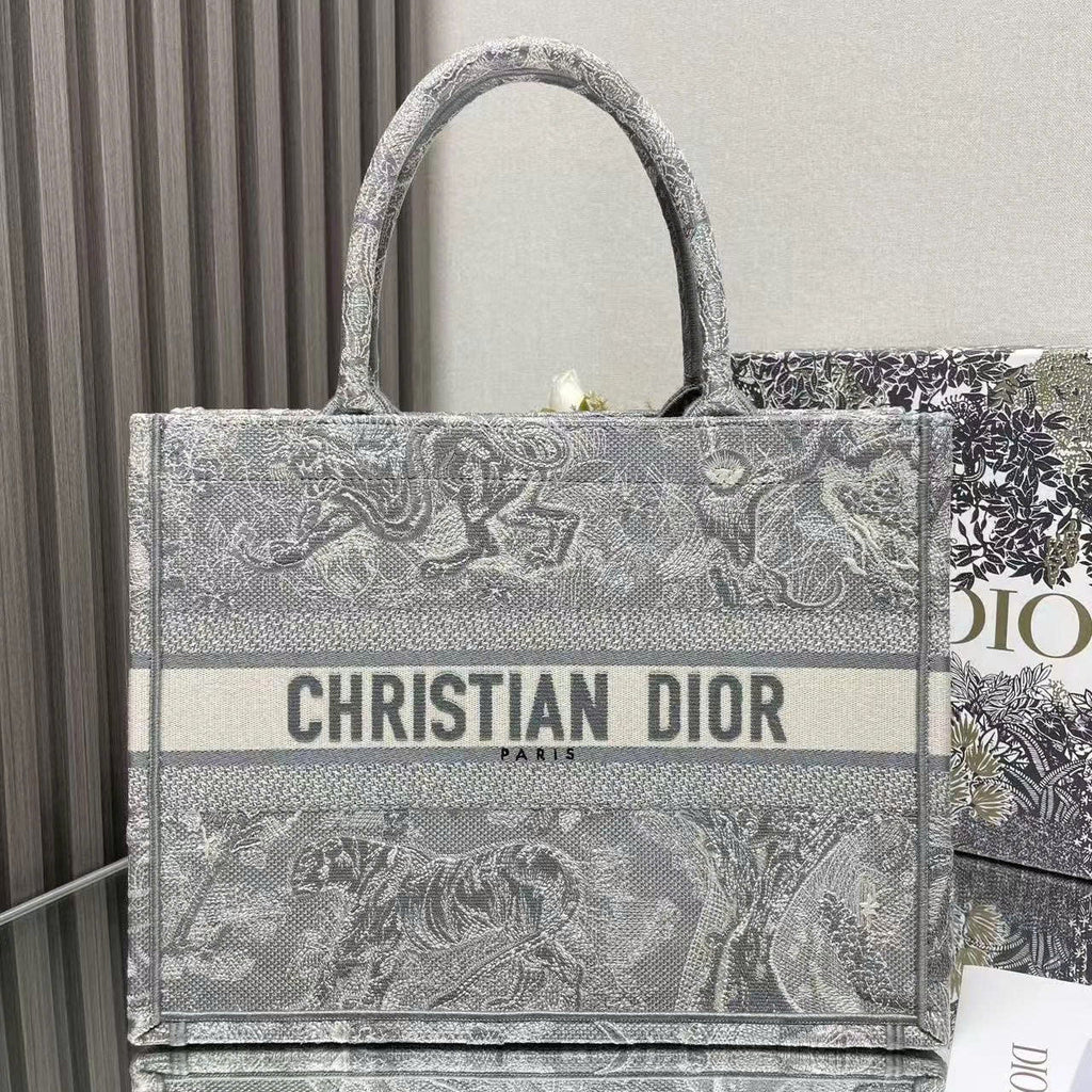 Medium C*D Book Tote 36cm Silver Gray Embroidered Tiger