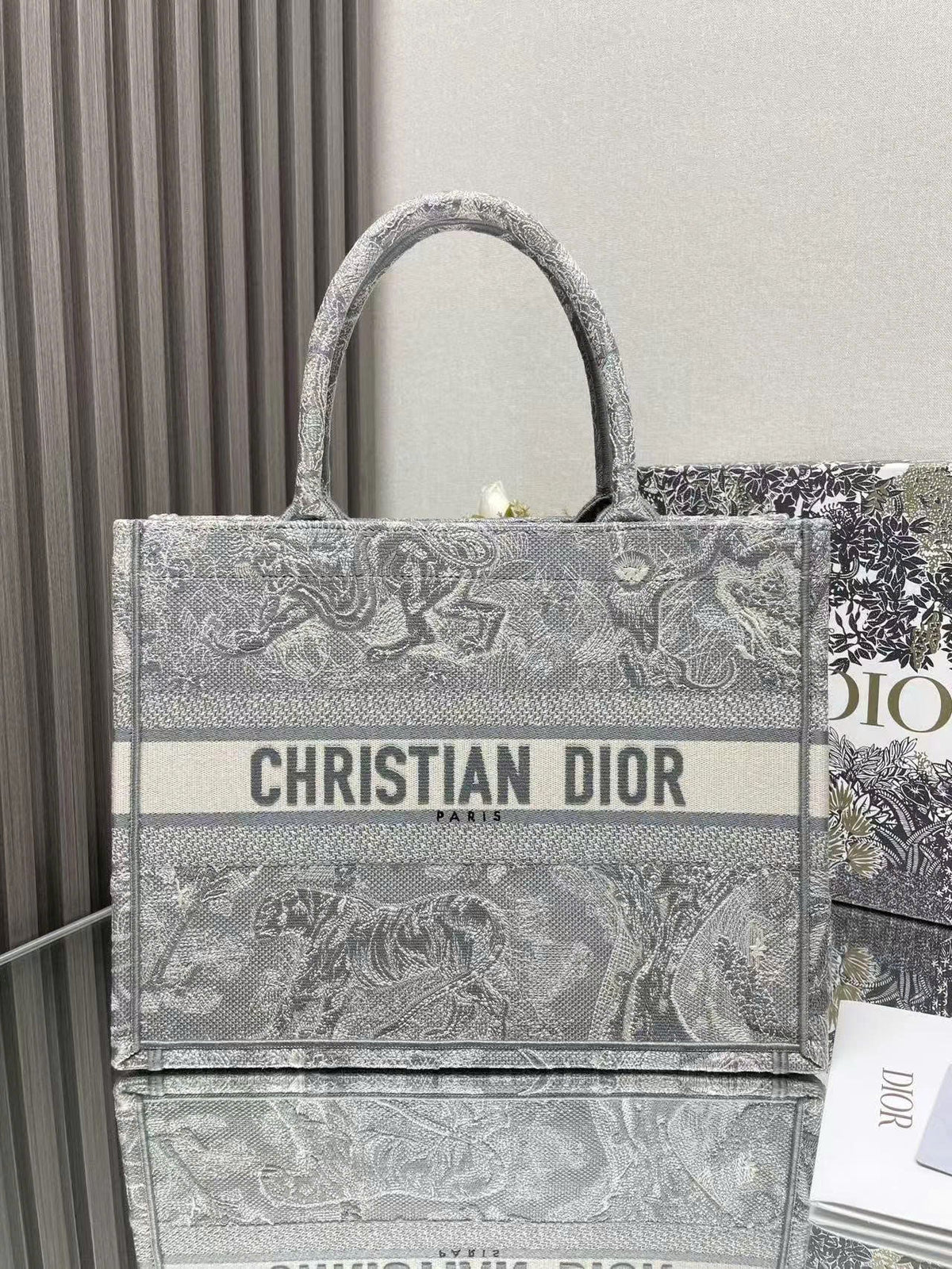 Medium C*D Book Tote 36cm Silver Gray Embroidered Tiger